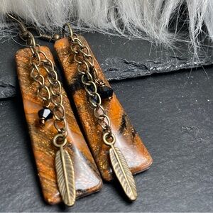Artisan Brown and Black Custom Clay Tiger Earrings With Chains and Feather Charm